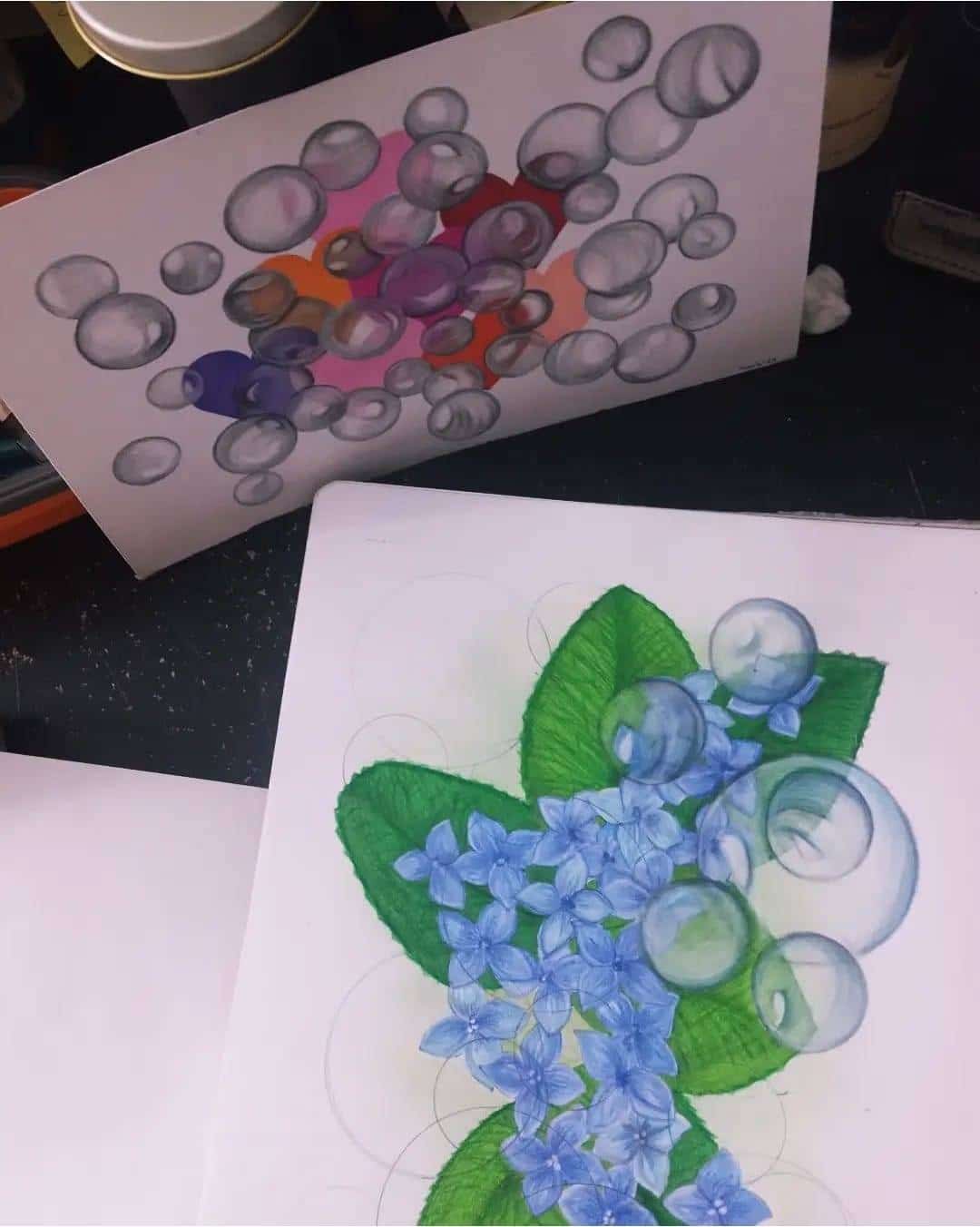 Finalizando las burbujas sobre las hortensias